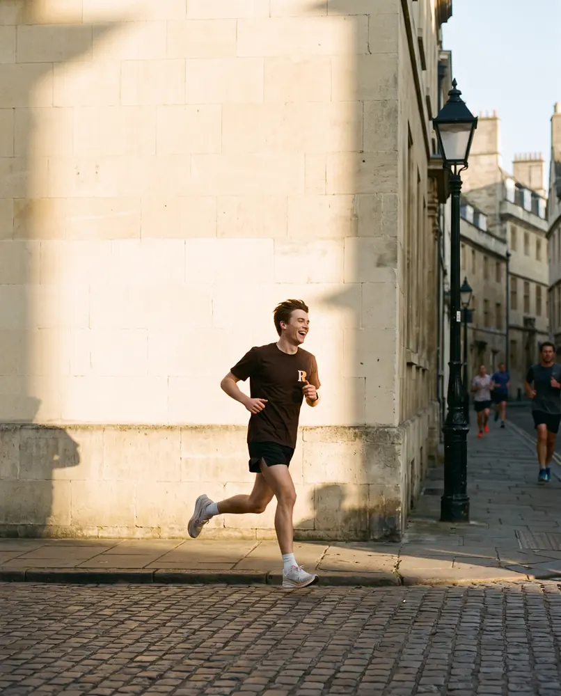 A runner in an R tee passes a pale stone wall at morning
