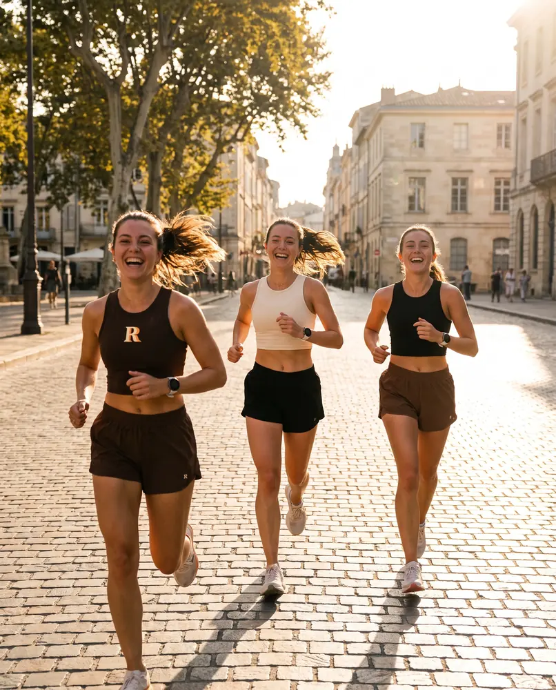 Three young women runners laughing to camera mid-run on a cobbled street