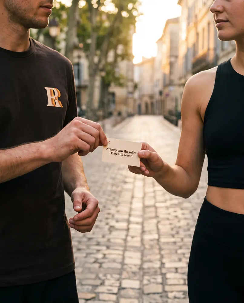 Two runners side by side, a small card passing from his hand to hers