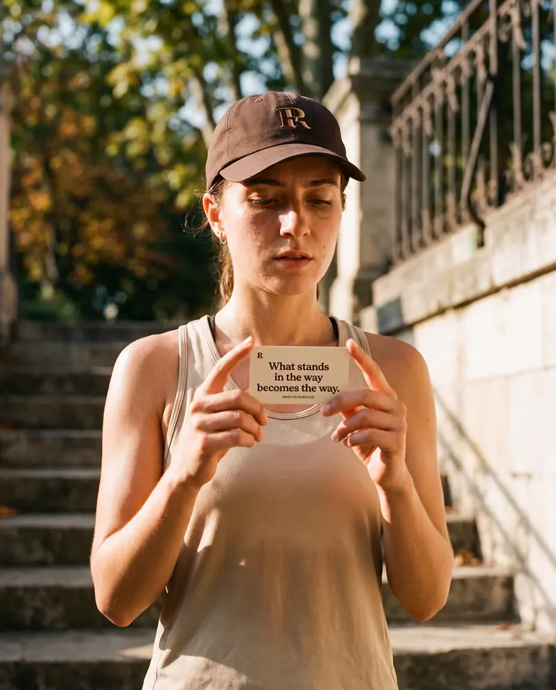 A runner in an R cap stops on park steps to read her card
