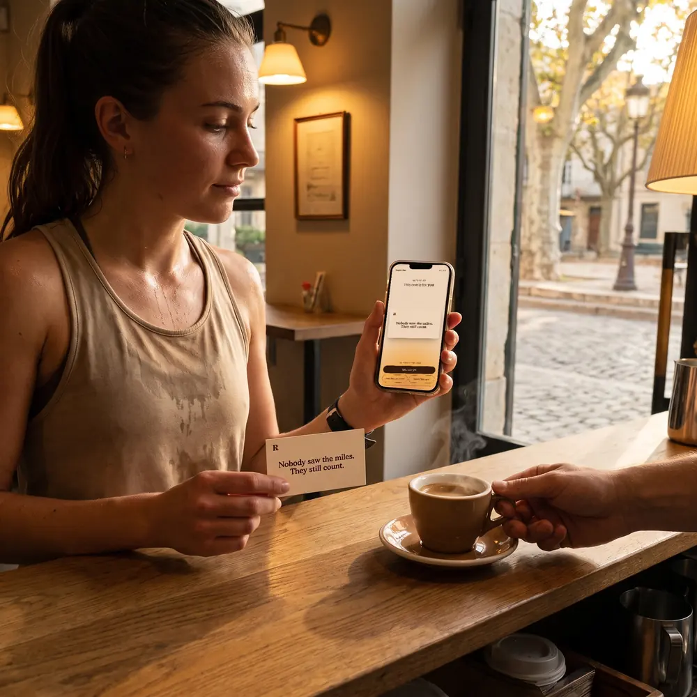 After the run, at a café counter, she holds her card and the phone shows its Ripple Run page